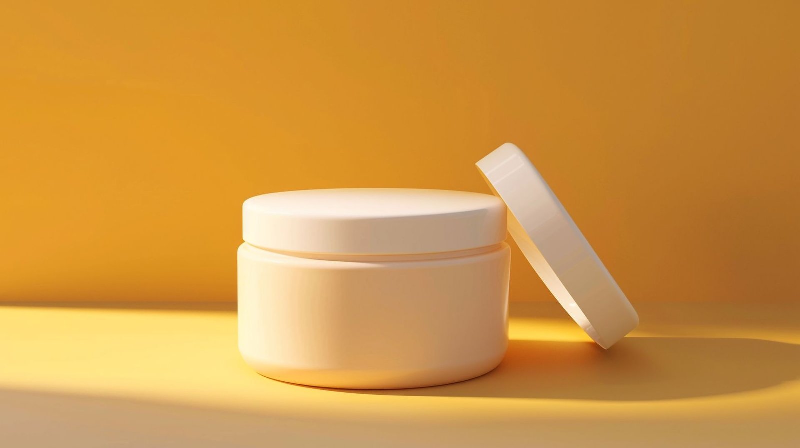 Open cream jar on a bright yellow background
